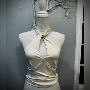 Pretty cream pearl necklace halter top EXPRESS XS enhance cleavage built-in bra